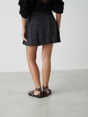 Black Check 100% Cotton Pleated Denim Mini Skirt - Image 4 of 5