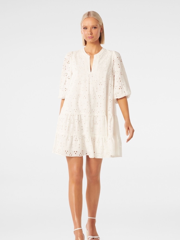 Forever New White 100% Cotton Palermo Broderie Smock Mini Dress - Image 5 of 5