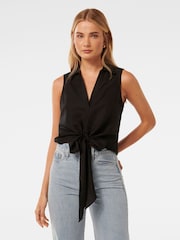Forever New Black Tanya Tie Front Shirt with a Touch of Linen - Image 1 of 5