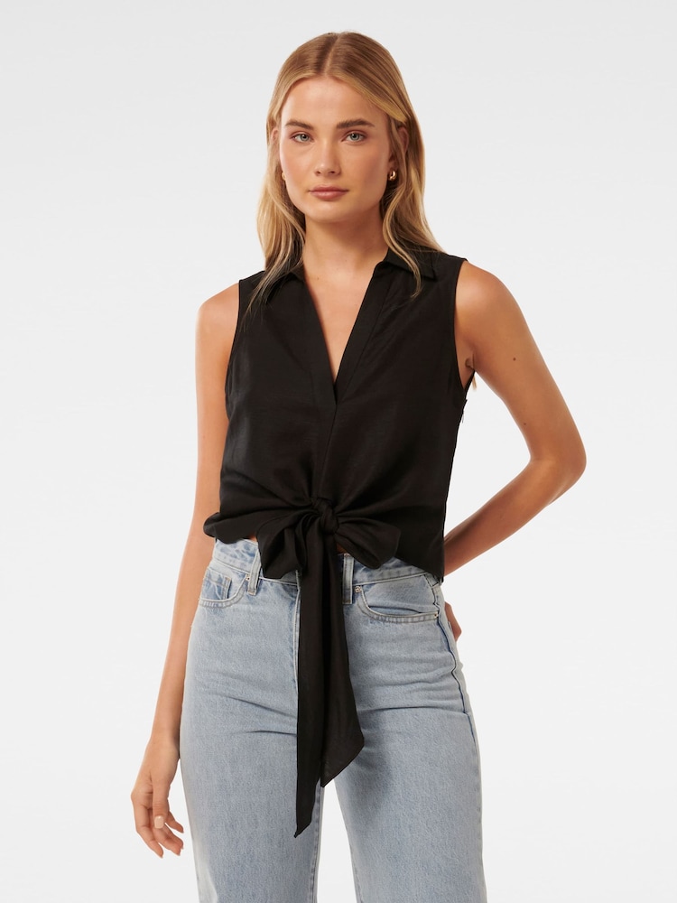 Forever New Black Tanya Tie Front Shirt with a Touch of Linen - Image 1 of 5