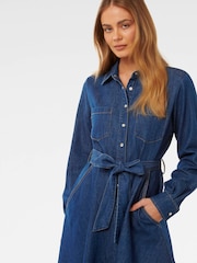 Forever New Blue Colette Cotton/Linen Mix Denim Shirt Dress - Image 3 of 5