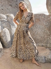 Forever New Brown Leopard Print Melinda Belted Midi Dress with a Touch of Linen - Image 1 of 5