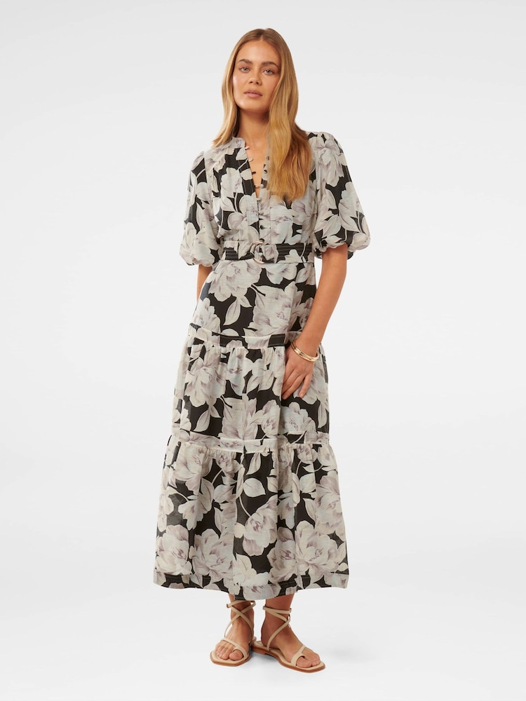 Forever New Multi Leona Short-Sleeved Pin Tuck Midi Dress with a Touch of Linen - Image 1 of 4