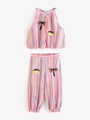 River Island Pink Stripe Halter Neck Top & Hareem Set - Image 1 of 6