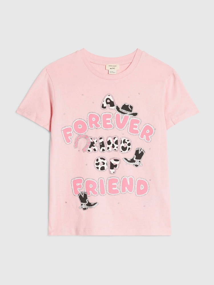 River Island Pink Forever Kind of Friend T-Shirt - Image 1 of 4