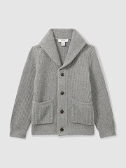 Reiss Grey Melange Nimbus 13-14 yrs Ribbed Shawl Cardigan With Merino Wool - Image 1 of 4