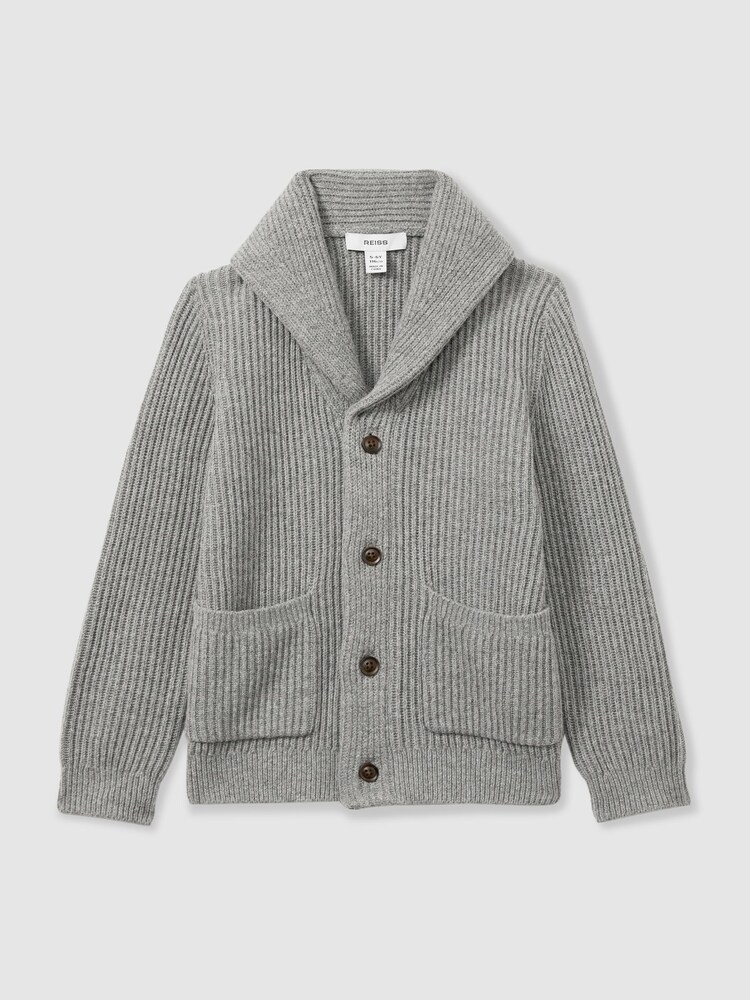 Reiss Grey Melange Nimbus 13-14 yrs Ribbed Shawl Cardigan With Merino Wool - Image 1 of 4