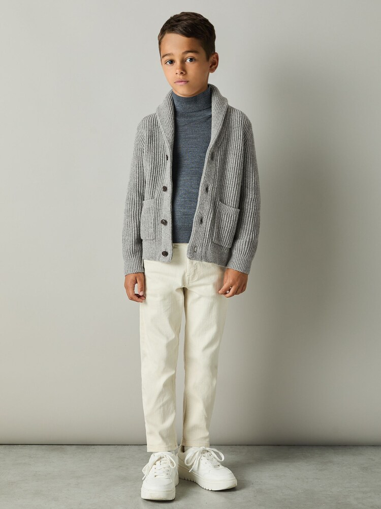 Reiss Grey Melange Nimbus 13-14 yrs Ribbed Shawl Cardigan With Merino Wool - Image 2 of 4