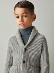 Reiss Grey Melange Nimbus 13-14 yrs Ribbed Shawl Cardigan With Merino Wool - Image 3 of 4