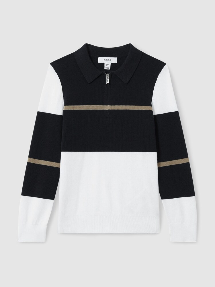 Reiss Navy/White/Camel Tokyo 9-13 yrs Colour-Block Half-Zip Polo Shirt - Image 2 of 4 Reiss Navy/White/Camel Tokyo 9-13 yrs Colour-Block Half-Zip Polo Shirt - Image 2 of 4