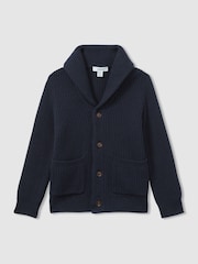 Reiss Navy Nimbus Ribbed Shawl Cardigan With Merino Wool - Image 1 of 4