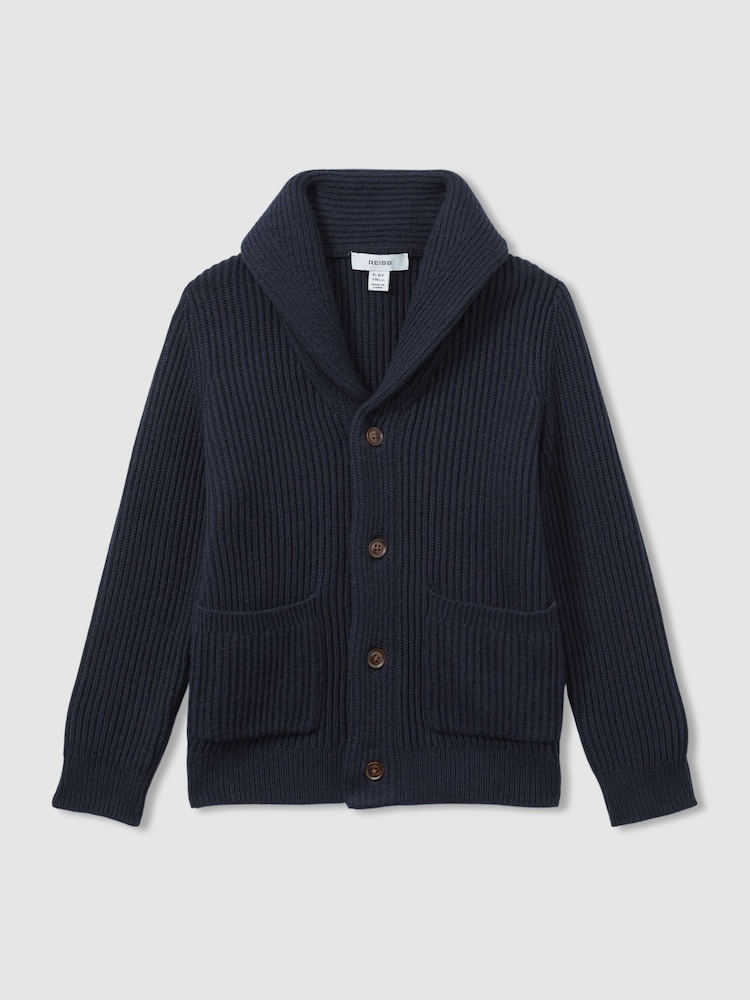 Reiss Navy Nimbus Ribbed Shawl Cardigan With Merino Wool - Image 1 of 4