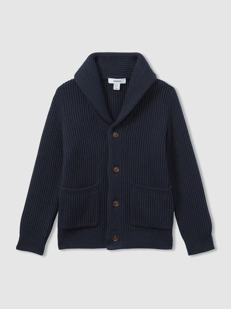 Reiss Navy Nimbus Ribbed Shawl Cardigan With Merino Wool - Image 1 of 4 Reiss Navy Nimbus Ribbed Shawl Cardigan With Merino Wool - Image 1 of 4