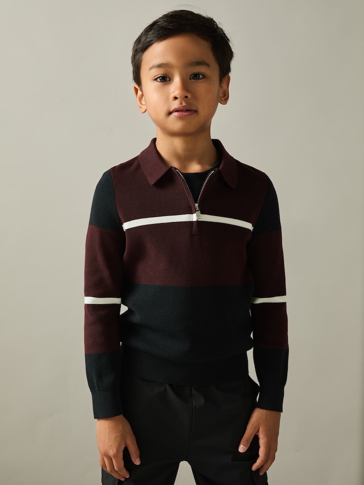 Mornarsko modra/bordo/bela - Reiss Tokyo Colour-Block Half-Zip Polo Shirt - Slika 1 iz 4
