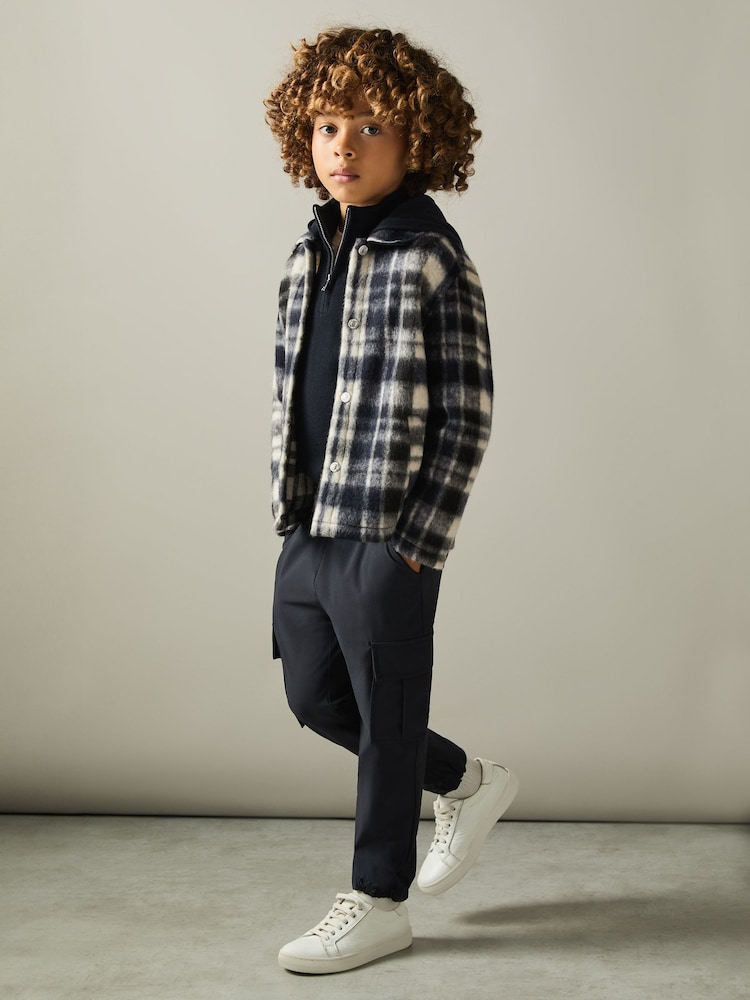 Reiss Navy/White Wade Removable-Hood Brushed Check Overshirt - Image 1 of 4