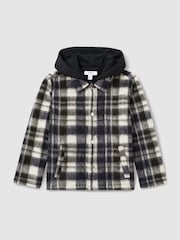 Reiss Navy/White Wade Removable-Hood Brushed Check Overshirt - Image 2 of 4
