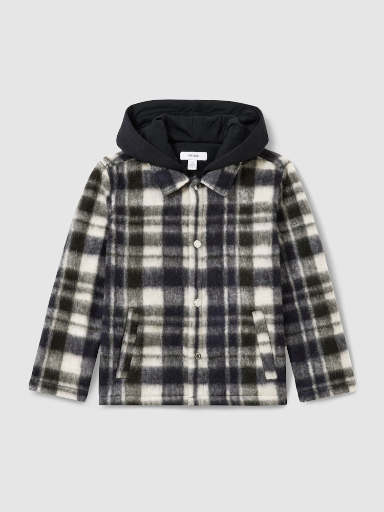 Reiss Navy/White Wade Removable-Hood Brushed Check Overshirt - Image 2 of 4