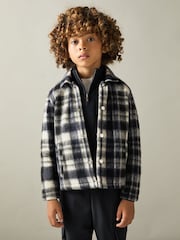 Reiss Navy/White Wade Removable-Hood Brushed Check Overshirt - Image 3 of 4