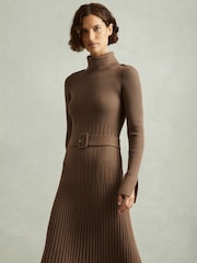 Reiss Mocha Vinette Petite Ribbed Roll Neck Belted Midi Dress - Image 1 of 8