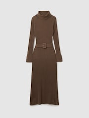Reiss Mocha Vinette Petite Ribbed Roll Neck Belted Midi Dress - Image 2 of 8