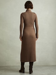 Reiss Mocha Vinette Petite Ribbed Roll Neck Belted Midi Dress - Image 6 of 8