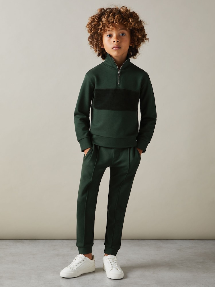 Reiss Emerald Green Selin 3-9 yrs Slim Fit Half-Zip Funnel Neck Velour Sweatshirt - Image 1 of 4