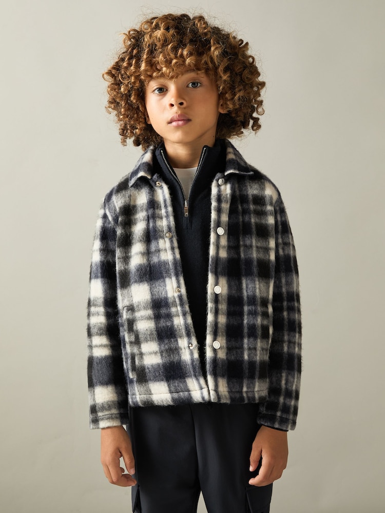 Reiss Navy/White Wade Hooded Brushed Check Overshirt - Image 1 of 4
