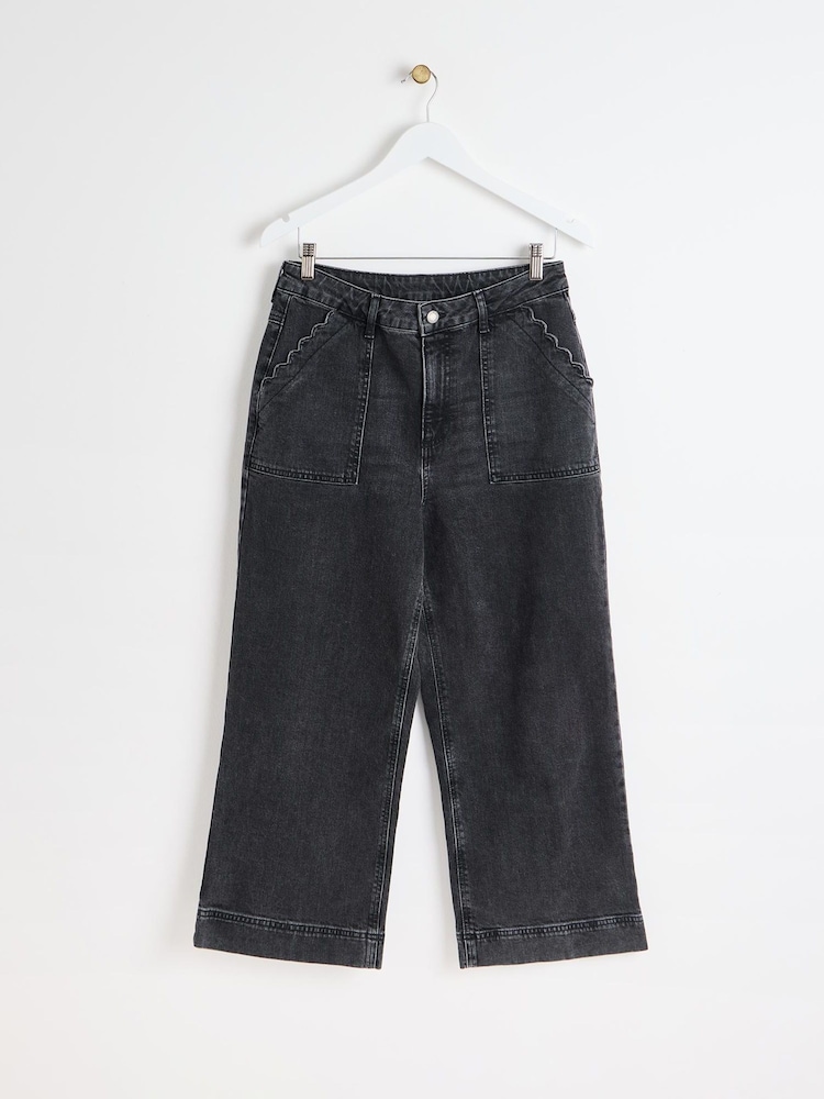 Oliver Bonas Black Denim Scalloped Pocket Wide Leg Cropped Jeans - Image 1 of 6