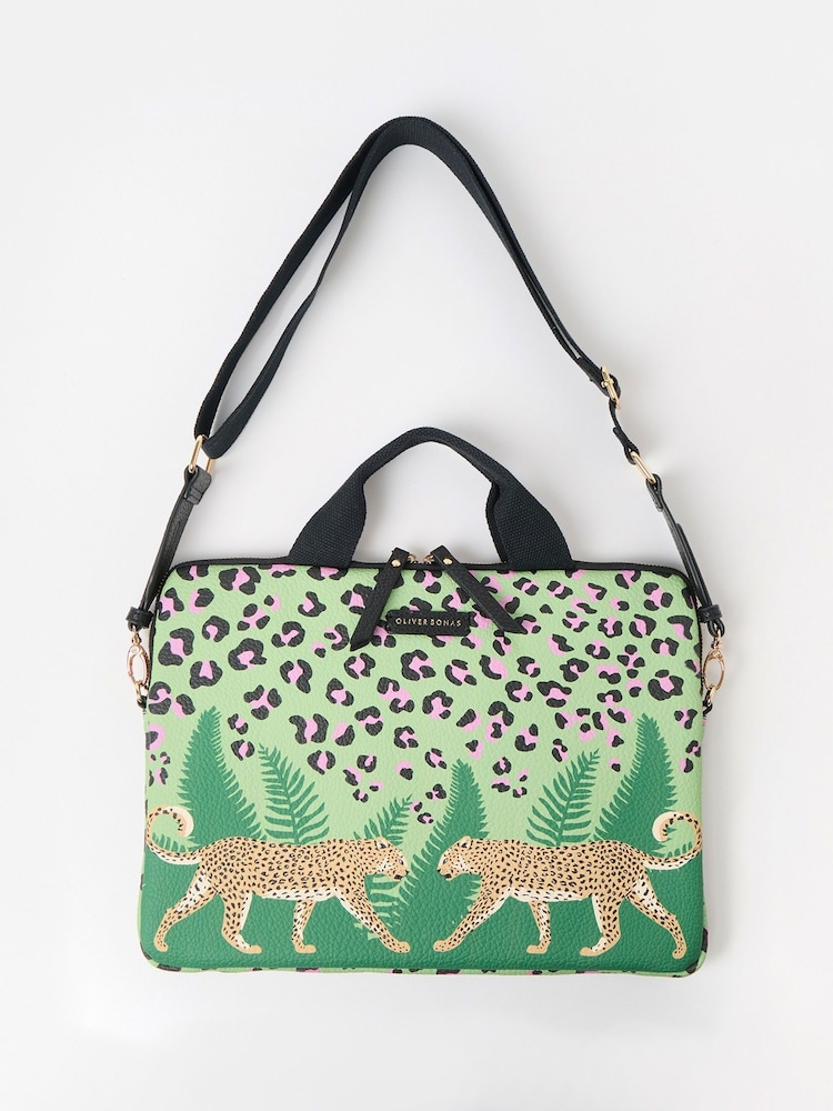 Oliver Bonas Green Leopard Print Cross-Body Laptop Case - Image 1 of 6