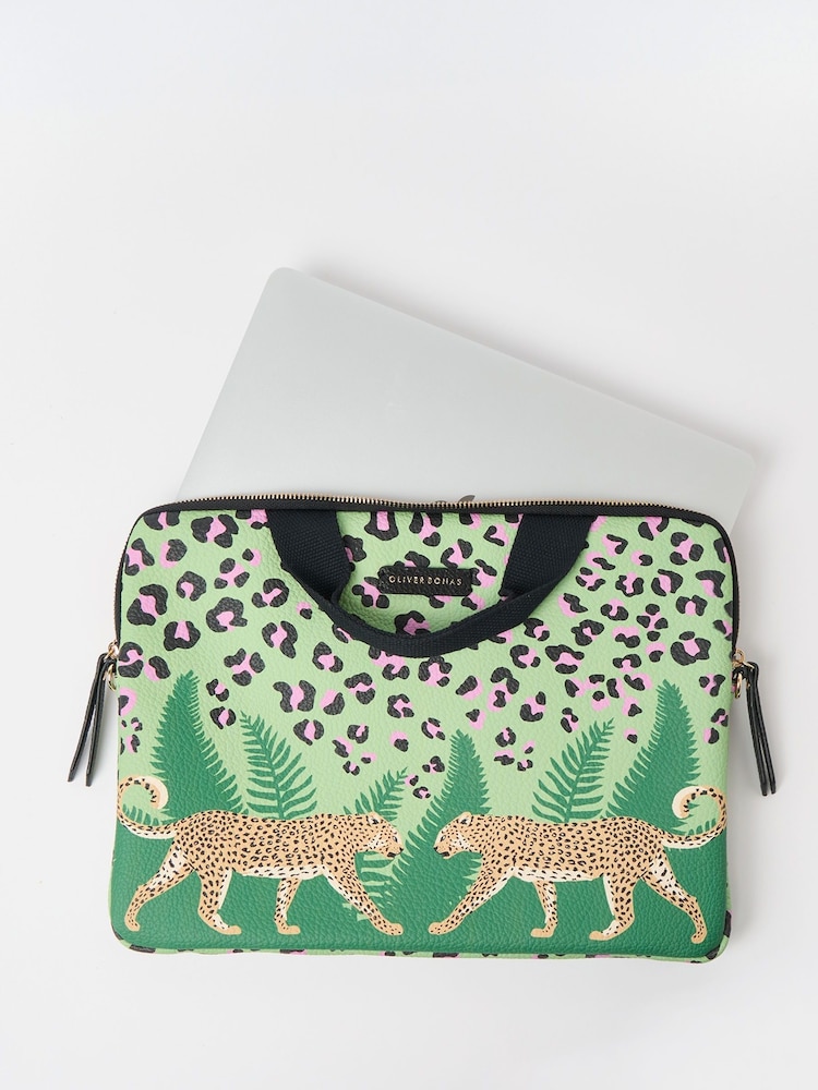 Oliver Bonas Green Leopard Print Cross-Body Laptop Case - Image 4 of 6