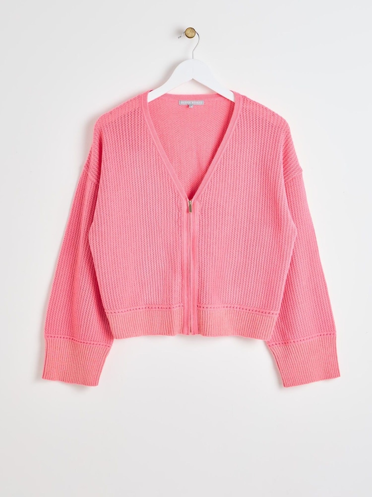 Oliver Bonas Pink V-Neck Zipped Knitted Cardigan - Slika 1 iz 6 Oliver Bonas Pink V-Neck Zipped Knitted Cardigan - Slika 1 iz 6