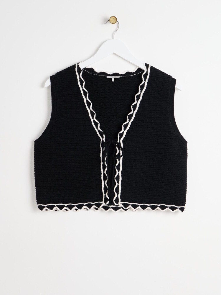 Oliver Bonas Black Wavy Trim Knitted Tie Waistcoat - Image 1 of 4