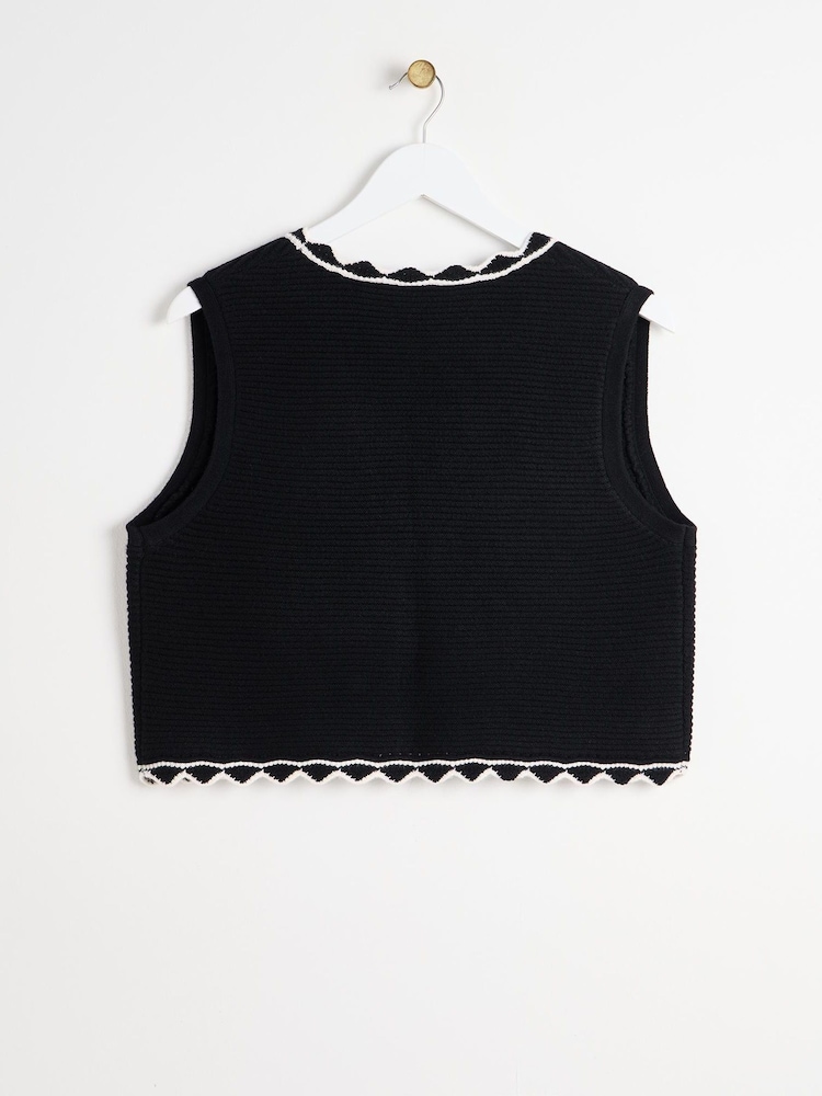 Oliver Bonas Black Wavy Trim Knitted Tie Waistcoat - Image 2 of 4 Oliver Bonas Black Wavy Trim Knitted Tie Waistcoat - Image 2 of 4