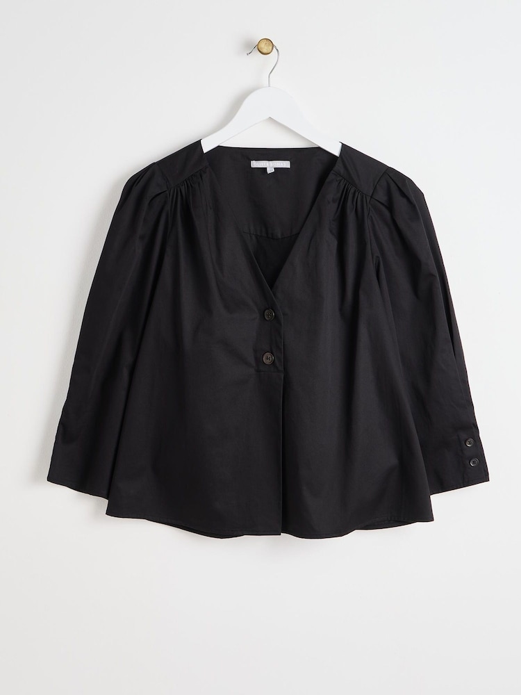 Oliver Bonas Black Pleated V-Neck 100% Cotton Blouse - Image 1 of 6