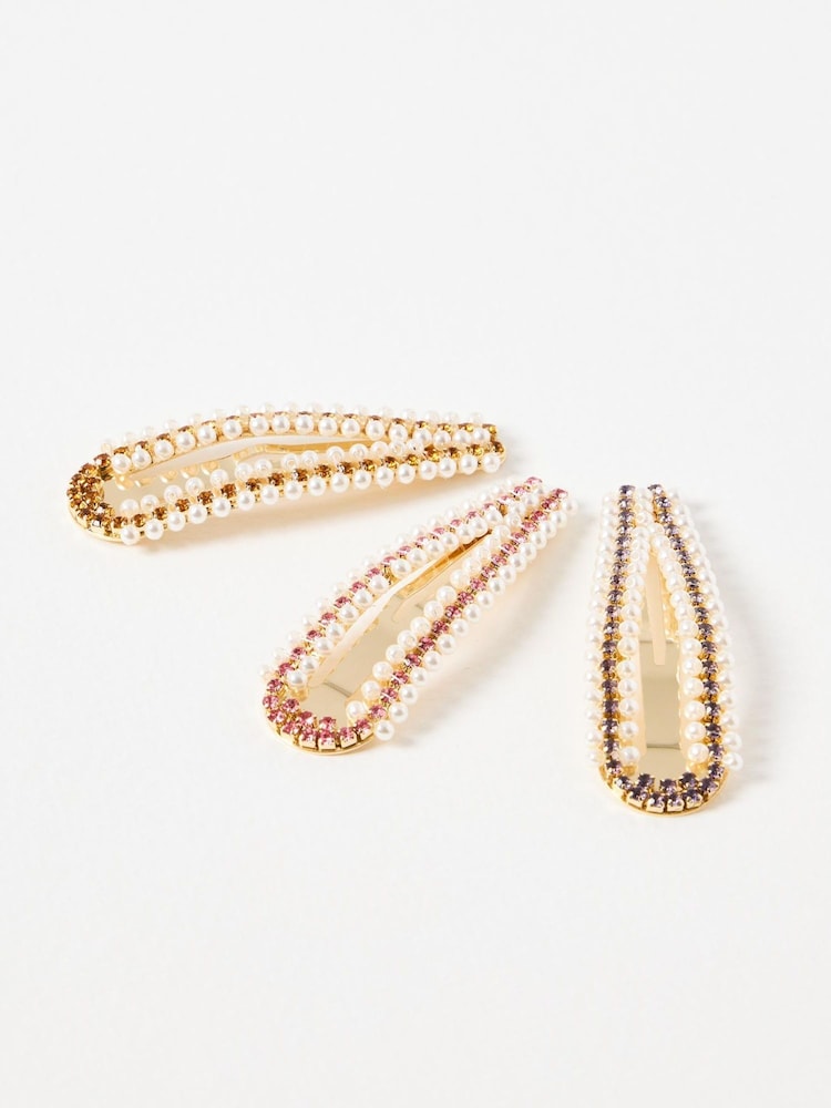 Oliver Bonas Black Caseria Faux Fur Pearl and Stone Hair Clips Set of 3 - Image 2 of 3