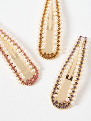 Oliver Bonas Black Caseria Faux Fur Pearl and Stone Hair Clips Set of 3 - Image 3 of 3