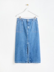 Oliver Bonas Blue Washed Denim Midi 100% Cotton Skirt - Image 1 of 6