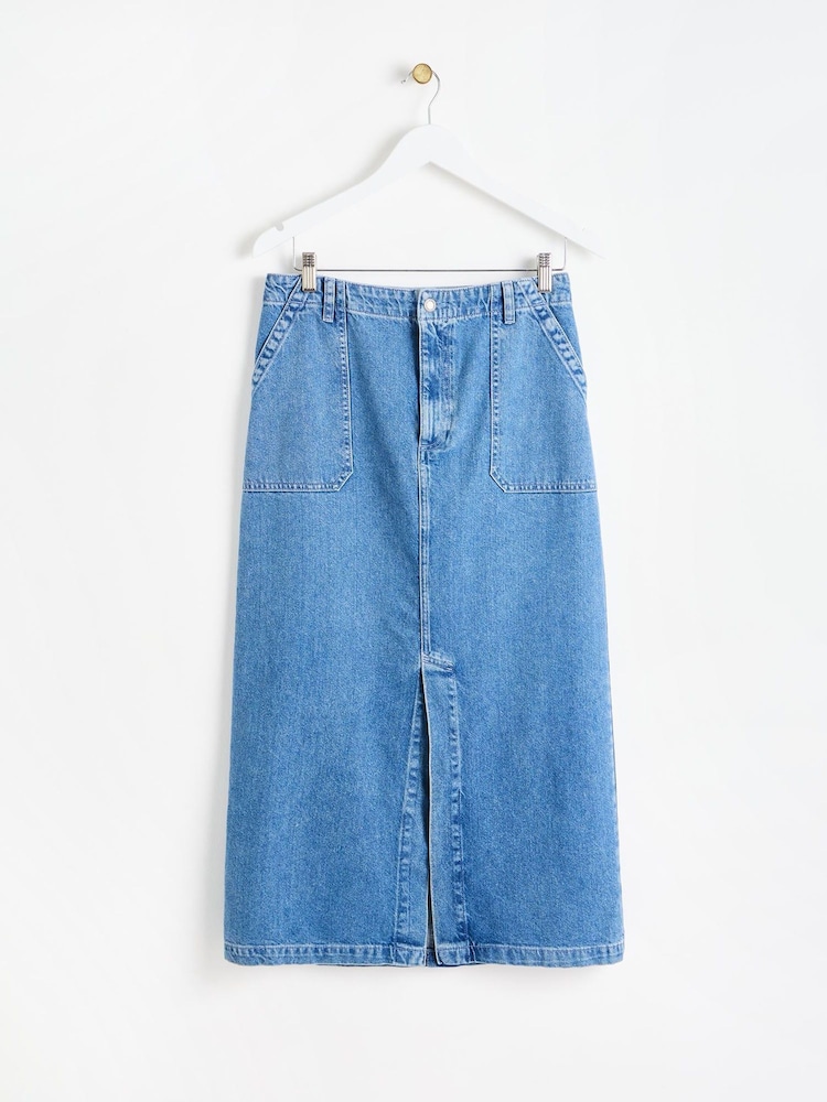 Oliver Bonas Blue Washed Denim Midi 100% Cotton Skirt - Image 1 of 6 Oliver Bonas Blue Washed Denim Midi 100% Cotton Skirt - Image 1 of 6