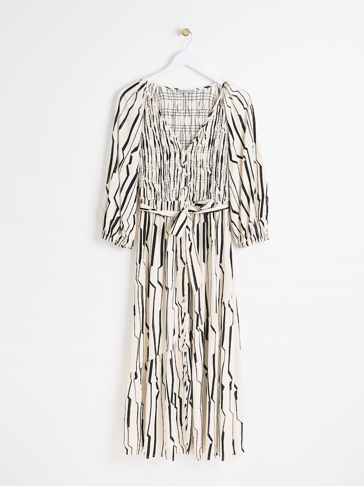 Oliver Bonas White Sicilian Stripe Ruched Midi Dress - Image 1 of 6