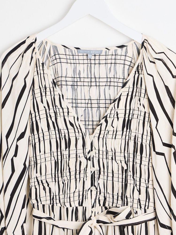 Oliver Bonas White Sicilian Stripe Ruched Midi Dress - Image 3 of 6