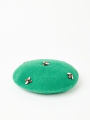 Oliver Bonas Green Wool Blend Bee Beret Hat - Image 1 of 3