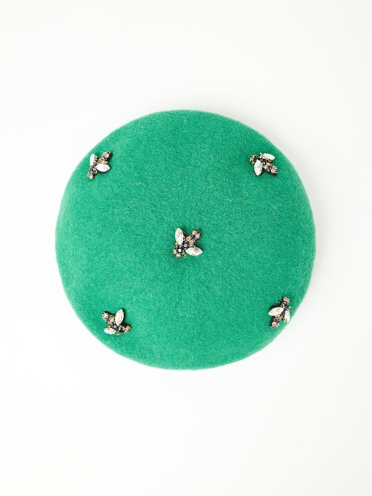 Oliver Bonas Green Wool Blend Bee Beret Hat - Image 2 of 3