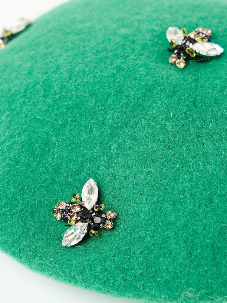 Oliver Bonas Green Wool Blend Bee Beret Hat - Image 3 of 3 Oliver Bonas Green Wool Blend Bee Beret Hat - Image 3 of 3