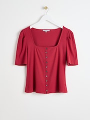 Oliver Bonas Red Square Neck Red Ribbed Jersey Top - Image 1 of 5
