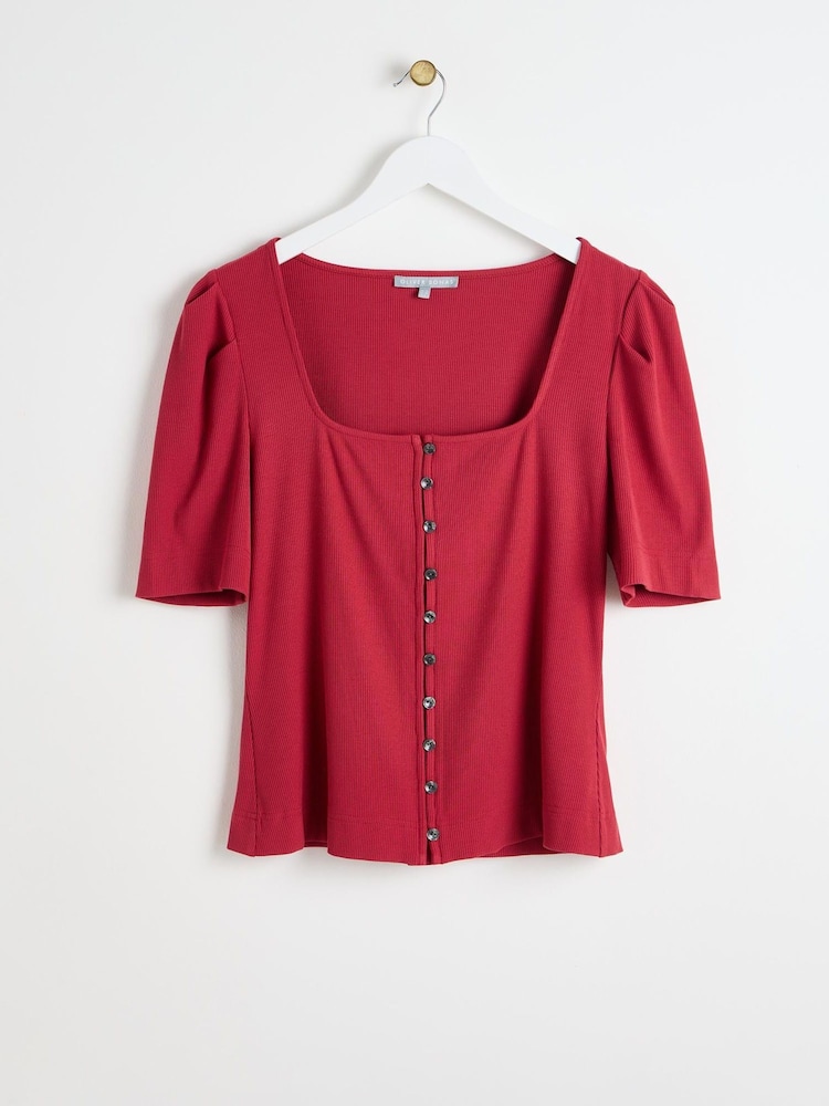 Oliver Bonas Red Square Neck Red Ribbed Jersey Top - Image 1 of 5