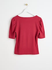 Oliver Bonas Red Square Neck Red Ribbed Jersey Top - Image 2 of 5