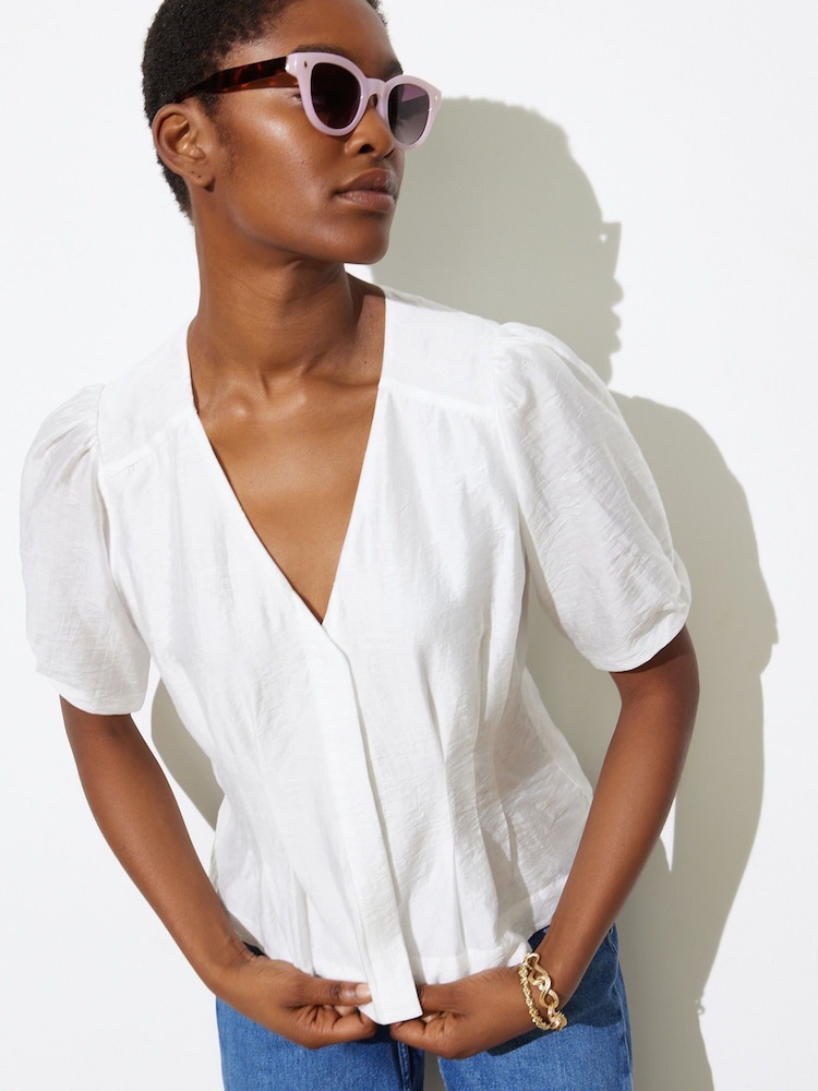 Oliver Bonas White V-Neck Puff Sleeve Blouse - Image 1 of 8
