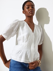 Oliver Bonas White V-Neck Puff Sleeve Blouse - Image 3 of 8