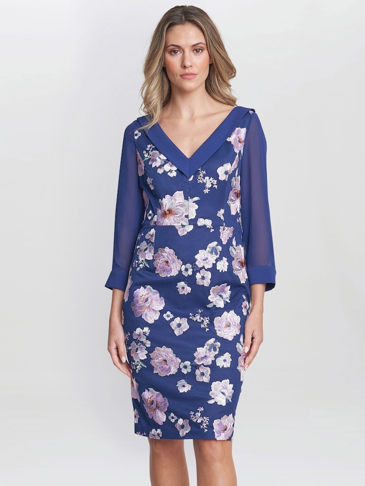Gina Bacconi Blue Daisy Crepe Dress With Embroidery - Image 4 of 6