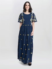 Gina Bacconi Blue Embroidered Dress With Flowers - Image 1 of 5
